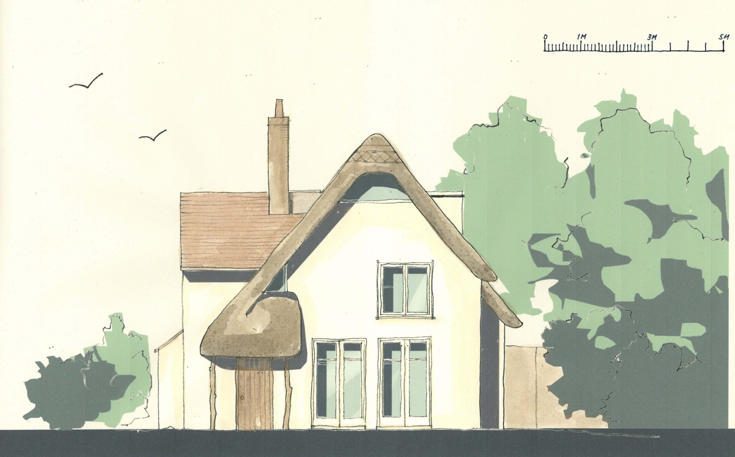 Watercolour elevation of Moonraker Cottage in Marston, Devizes.